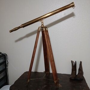 Vintage Brass Telescope on Wooden Tripod